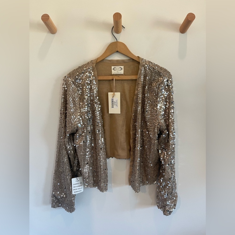 Joyfolie Sequin Open Cardigan in Champagne